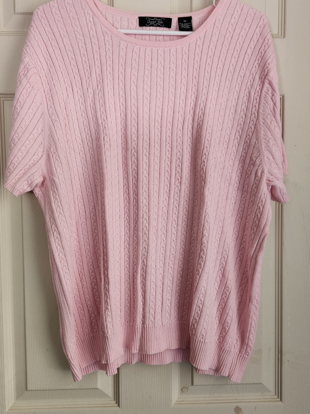 Cable-Knit Short Sleeve Sweater Top - Light Pink